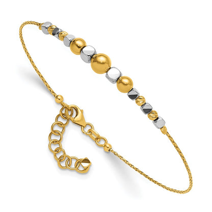 14K Two-Tone Gold Polished Diamond-cut Round and Square Beaded 7 Inch Bracelet with 1 Inch Extension