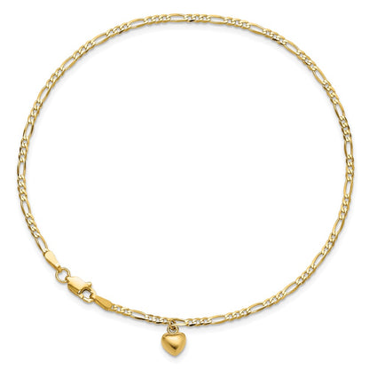 14K Yellow Gold Figaro Link Chain with Dangling Puffed Heart 9 Inch Anklet