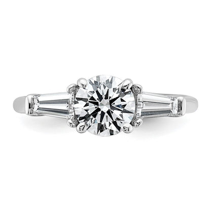 14K White Gold 1 1/2 carat Lab Grown Diamond VS+ F+ Round and Tapered Baguette Complete Three Stone Engagement Ring