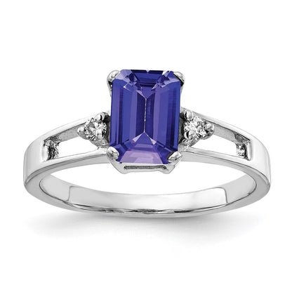 14K White Gold 7x5mm Emerald Cut Tanzanite A Diamond ring