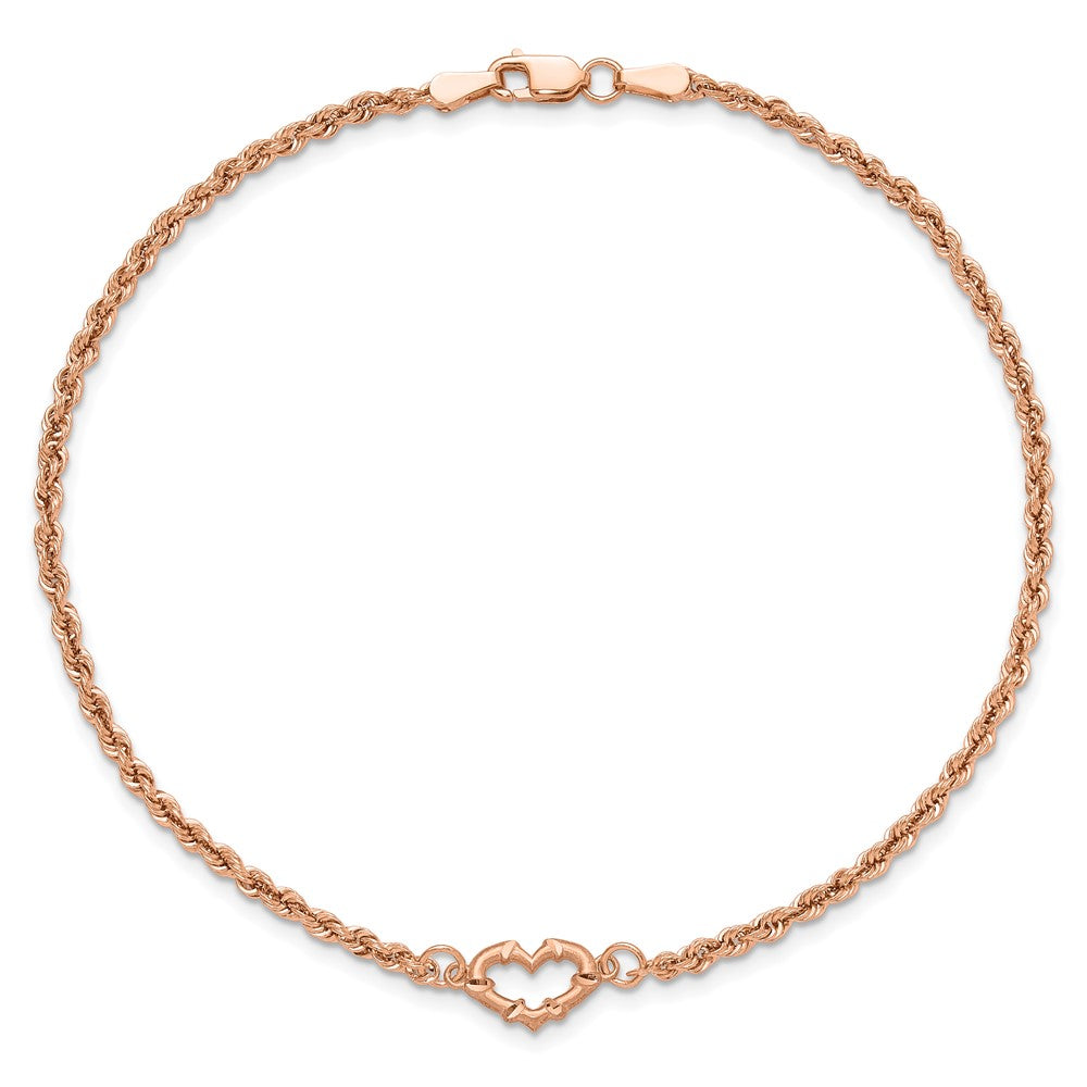 14K Rose Gold Diamond-cut Open Heart and Rope Chain 9 Inch Anklet