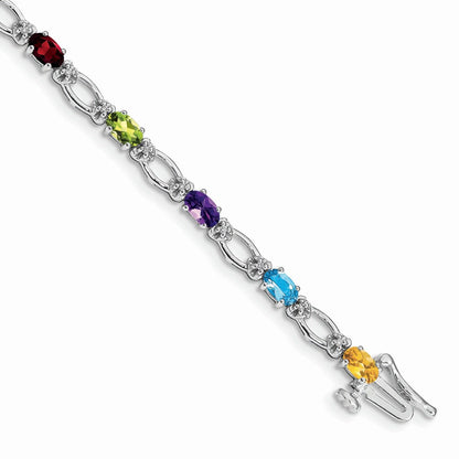 14K White Gold Complete Diamond and Oval Garnet/Peridot/Amethyst/Citrine/Swiss Blue Topaz 7 Inch Rainbow Bracelet