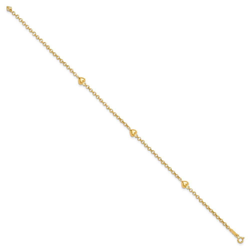 14K Yellow Gold Polished Puffed Heart 3-Station 10 Inch Anklet