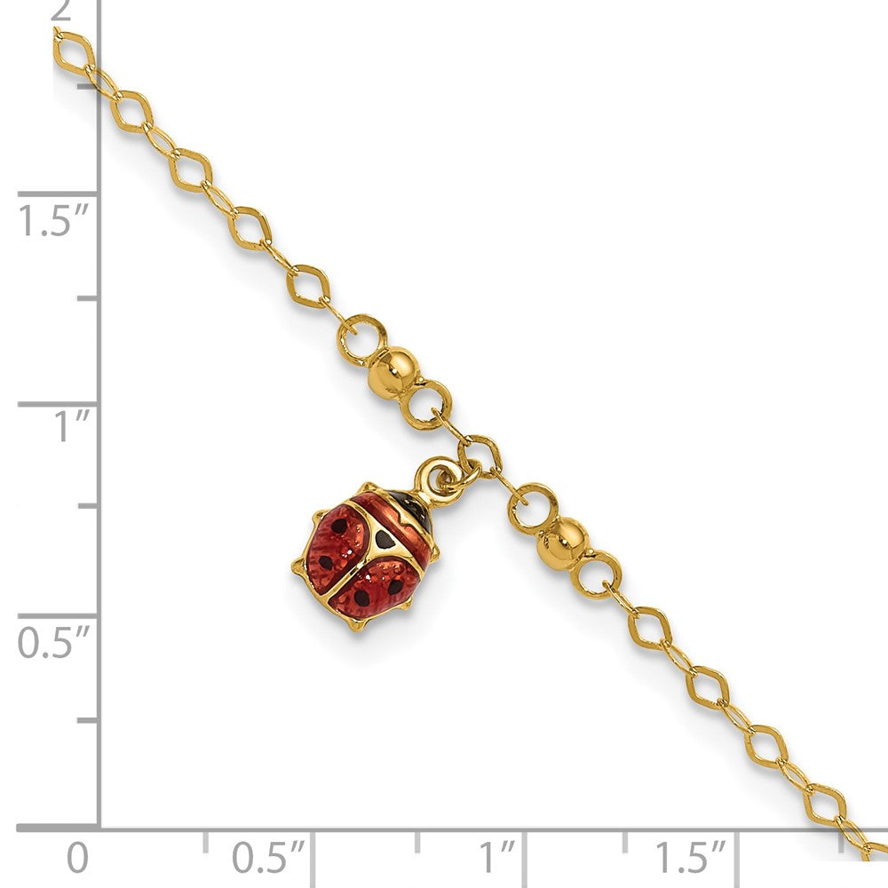 14K Yellow Gold Red and Black Enameled Ladybug 9 Inch Plus 1 Inch Extender - Total 10 Inch Anklet