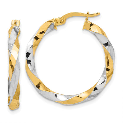 14K Yellow Gold with Rhodium Polished and Diamond-cut Twisted Hoop Earrings