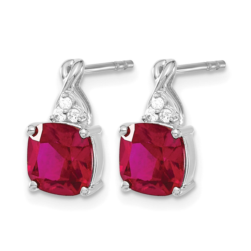 14K White Gold 7mm Cushion Checkerboard July/Lab Created Ruby and Diamond Post Earrings