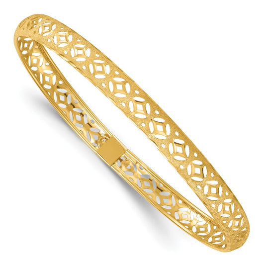 14K Yellow Gold Polished Laser and Diamond-cut 6.15mm Fancy Pierced Design Flexible Oval Bangle Bracelet