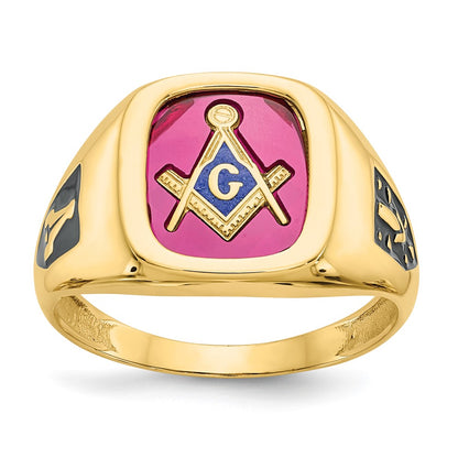 14K Yellow Gold Men's Polished and Textured with Black Enamel and Lab Created Ruby Masonic Ring