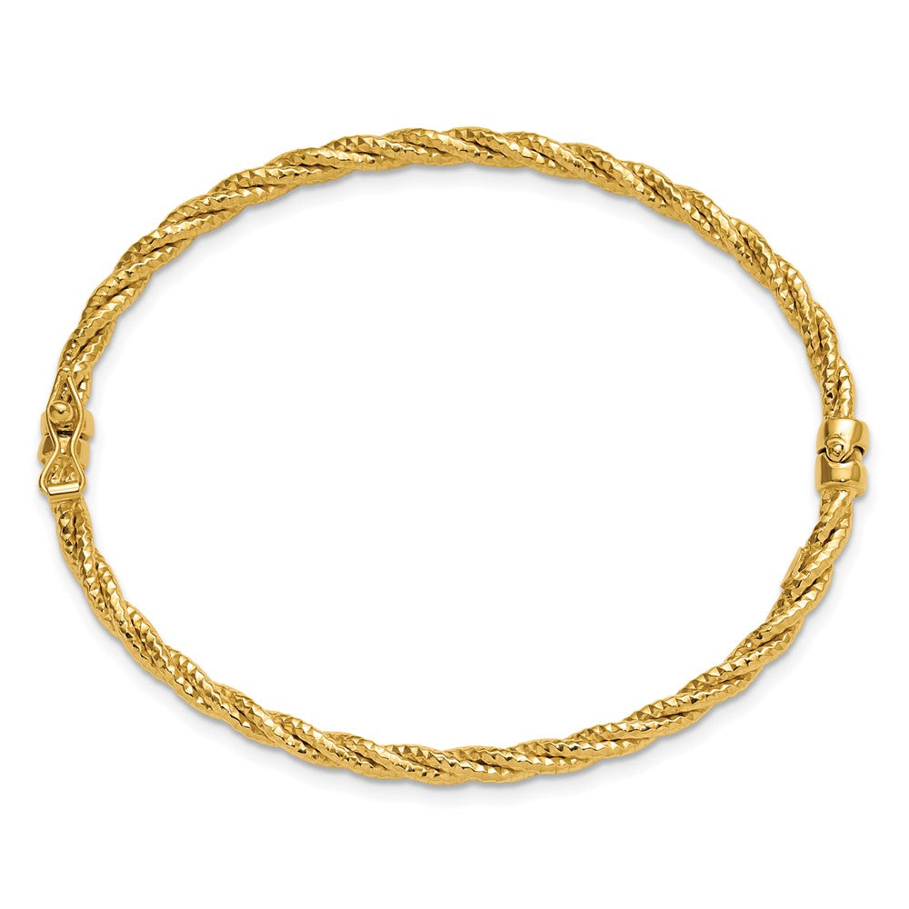 14K Yellow Gold Polished and Diamond-cut Twisted Hinged Bangle