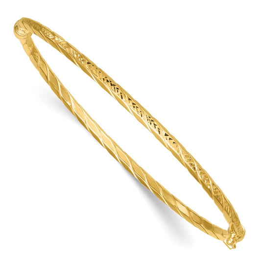14K Yellow Gold Polished and Diamond-cut Twisted 3.00mm Hinged Oval Bangle Bracelet