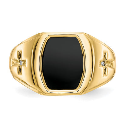 14K Yellow Gold Men's Onyx and .01ct Diamond Cross Ring