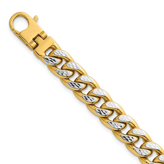 14K Yellow Gold with Rhodium Pave Textured 8.5mm Flat Curb Chain 8.5 Inch Mens Bracelet