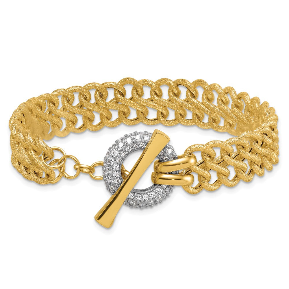 14K Yellow Gold with Rhodium 12.25mm Textured Fancy Chain with CZ Toggle 7.5 Inch Bracelet