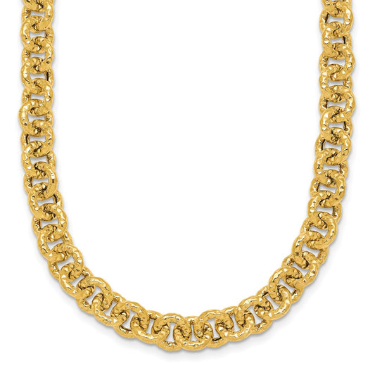 14K Yellow Gold Polished and Textured 7.3mm Cable Chain 18 Inch Necklace