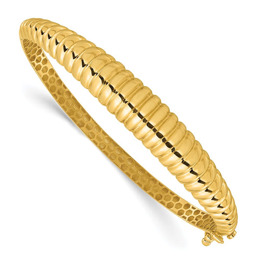 14K Yellow Gold Polished and Textured Graduated Hinged Oval Bangle Bracelet