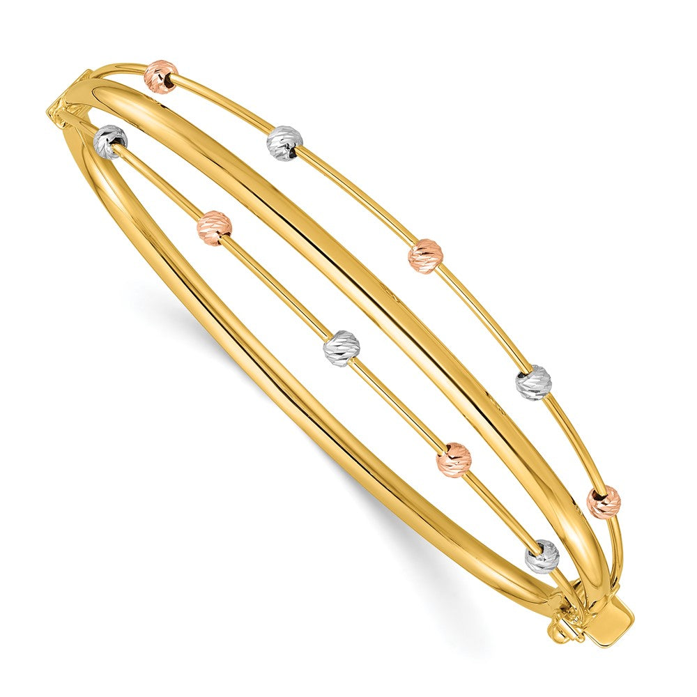 14K Tri-Color Gold Tri-color Polished 3-Row Diamond-cut Beaded Hinged Oval Bangle Bracelet