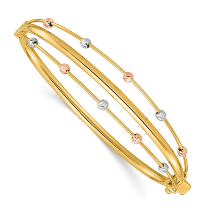 14K Tri-Color Gold Tri-color Polished 3-Row Diamond-cut Beaded Hinged Oval Bangle Bracelet