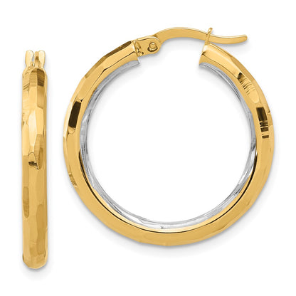 14K Yellow Gold with Rhodium Polished and Diamond-cut Hoop Earrings