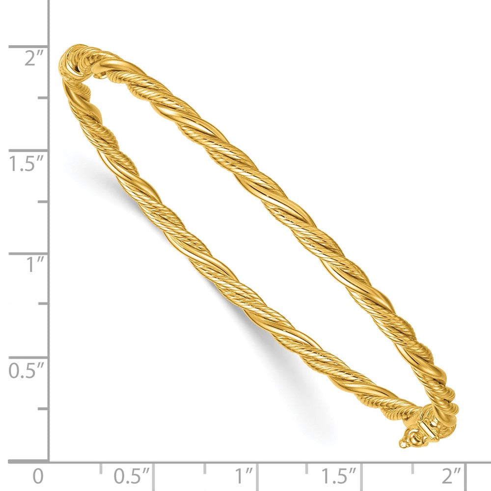 14K Yellow Gold Polished and Textured 3.25mm Twisted Hinged Oval Bangle Bracelet