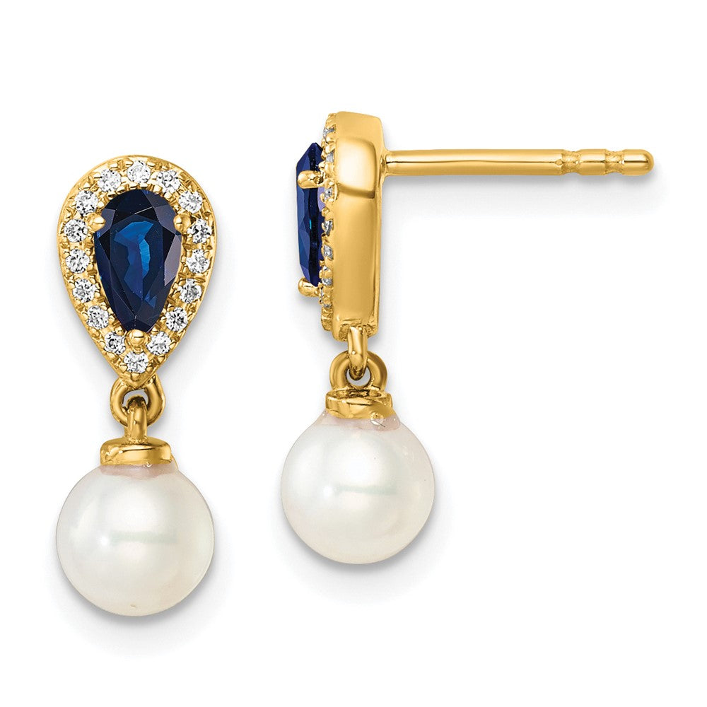 14K Yellow Gold Round Freshwater Cultured Pearl/.09 carat Diamond/Pear Sapphire Dangle Post Earrings