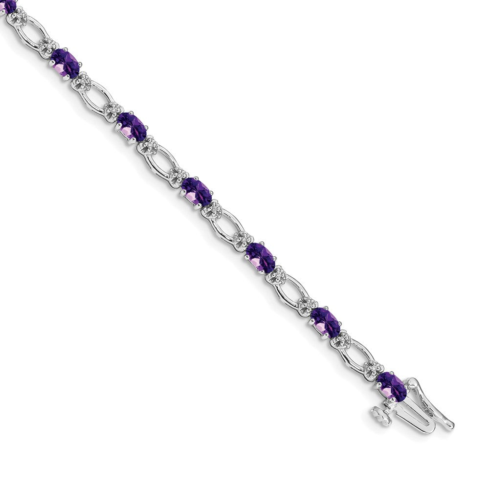14K White Gold Complete Diamond and Oval Amethyst Heart Accent 7 Inch Bracelet