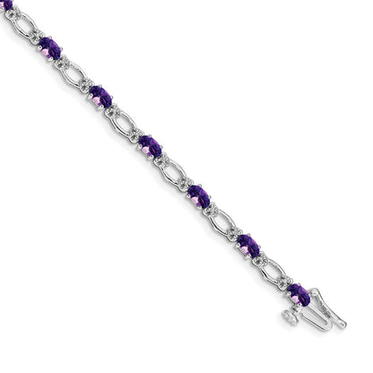 14K White Gold Complete Diamond and Oval Amethyst Heart Accent 7 Inch Bracelet