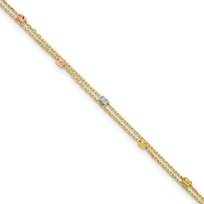 14K Tri-Color Gold Tri-color Diamond-cut Beads 2-Strand 9 Inch Plus 1 Inch Extender - Total 10 Inch Anklet