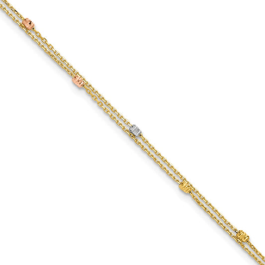 14K Tri-Color Gold Tri-color Diamond-cut Beads 2-Strand 9 Inch Plus 1 Inch Extender - Total 10 Inch Anklet