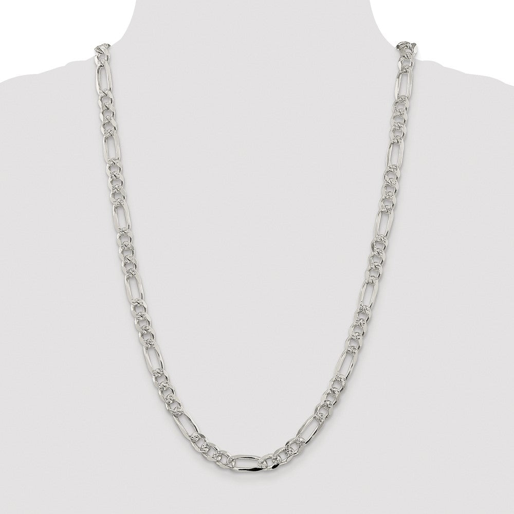 Sterling Silver Rhodium-plated 8mm Pav‚ Flat Figaro 26 Inch Chain