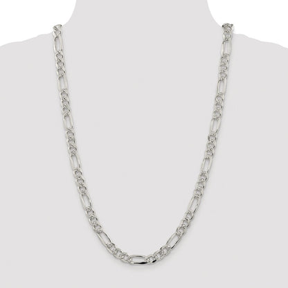 Sterling Silver Rhodium-plated 8mm Pav‚ Flat Figaro 26 Inch Chain