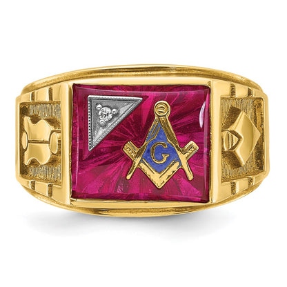 IBGoodman 14K Two-tone Men's Polished and Textured with Lab Created Ruby and Diamond Blue Lodge Master Masonic Ring