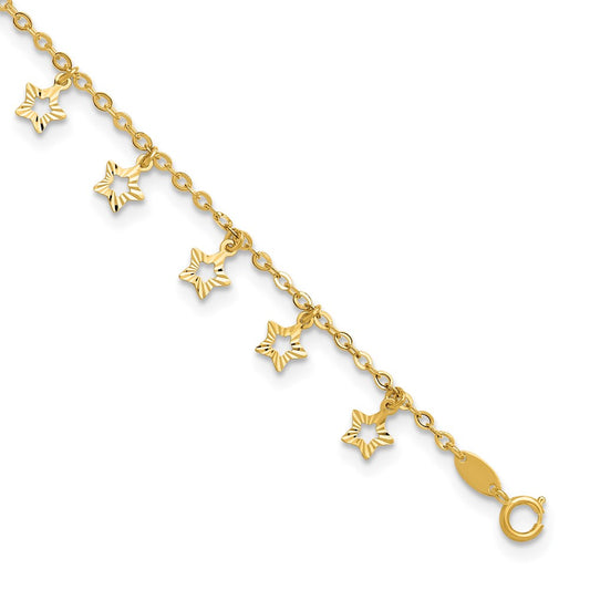14K Yellow Gold Polished and Textured Dangle Stars 9 Inch Plus 1 Inch Star Dangle Extender - Total 10 Inch Anklet