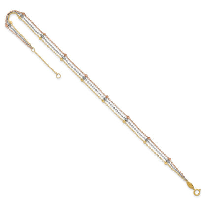 14K Tri-Color Gold Tri-color 3-Strand Diamond-cut Beaded 9-Station 9 Inch Plus 1 Inch Extender - Total 10 Inch Anklet