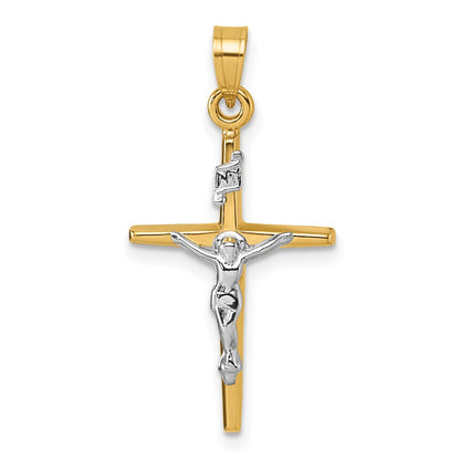 14K Yellow Gold with Rhodium Polished INRI Crucifix Cross Pendant