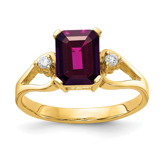 14K Yellow Gold 8x6mm Emerald Cut Rhodolite Garnet VS Diamond ring