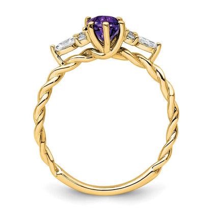 14K Yellow Gold Diamond and 7x5 Oval February/Amethyst Size 7 Twisted Ring