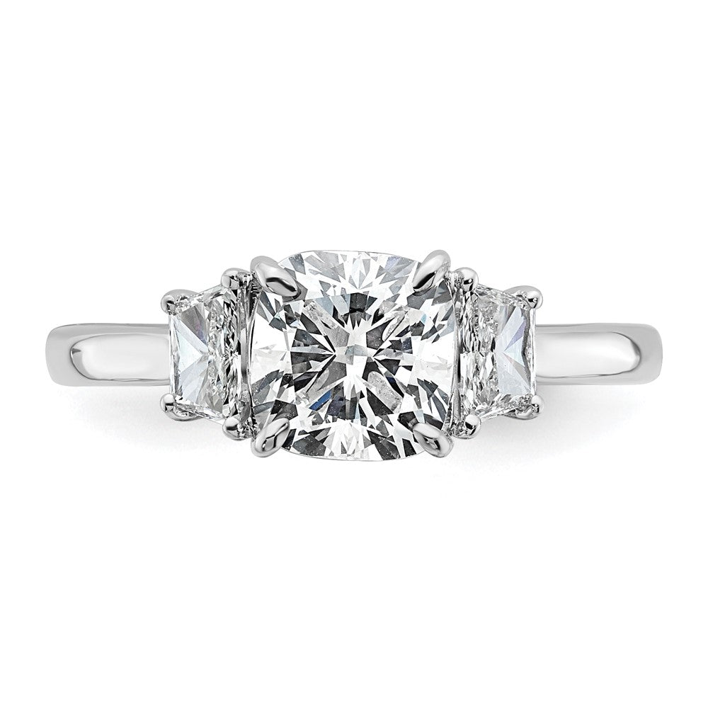 14K White Gold  3/8 carat Lab Grown Diamond VS+ F+ Half Moon 1 1/2 carat Cushion Center Semi Mount Three Stone Engagement Ring