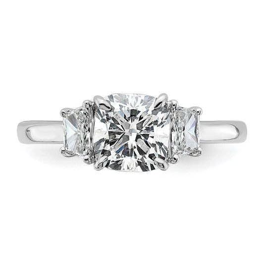 14K White Gold  3/8 carat Lab Grown Diamond VS+ F+ Half Moon 1 1/2 carat Cushion Center Semi Mount Three Stone Engagement Ring
