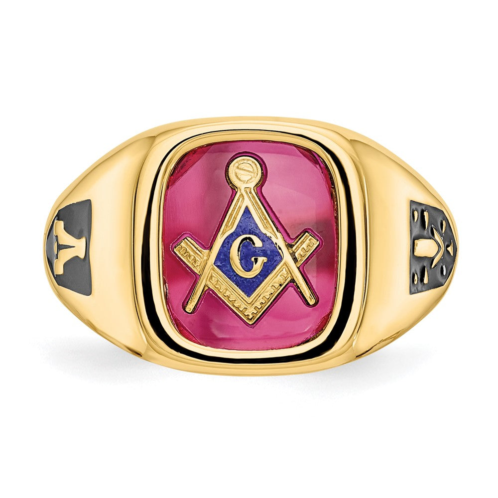 14K Yellow Gold Men's Polished and Textured with Black Enamel and Lab Created Ruby Masonic Ring