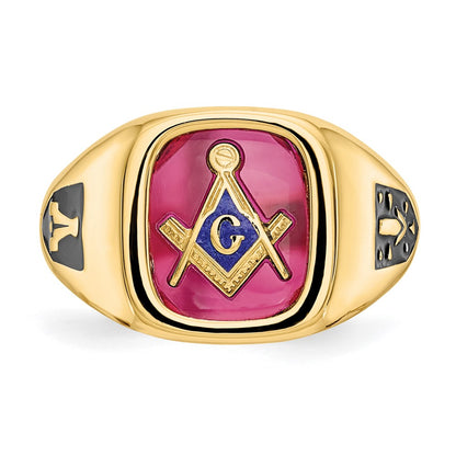 14K Yellow Gold Men's Polished and Textured with Black Enamel and Lab Created Ruby Masonic Ring