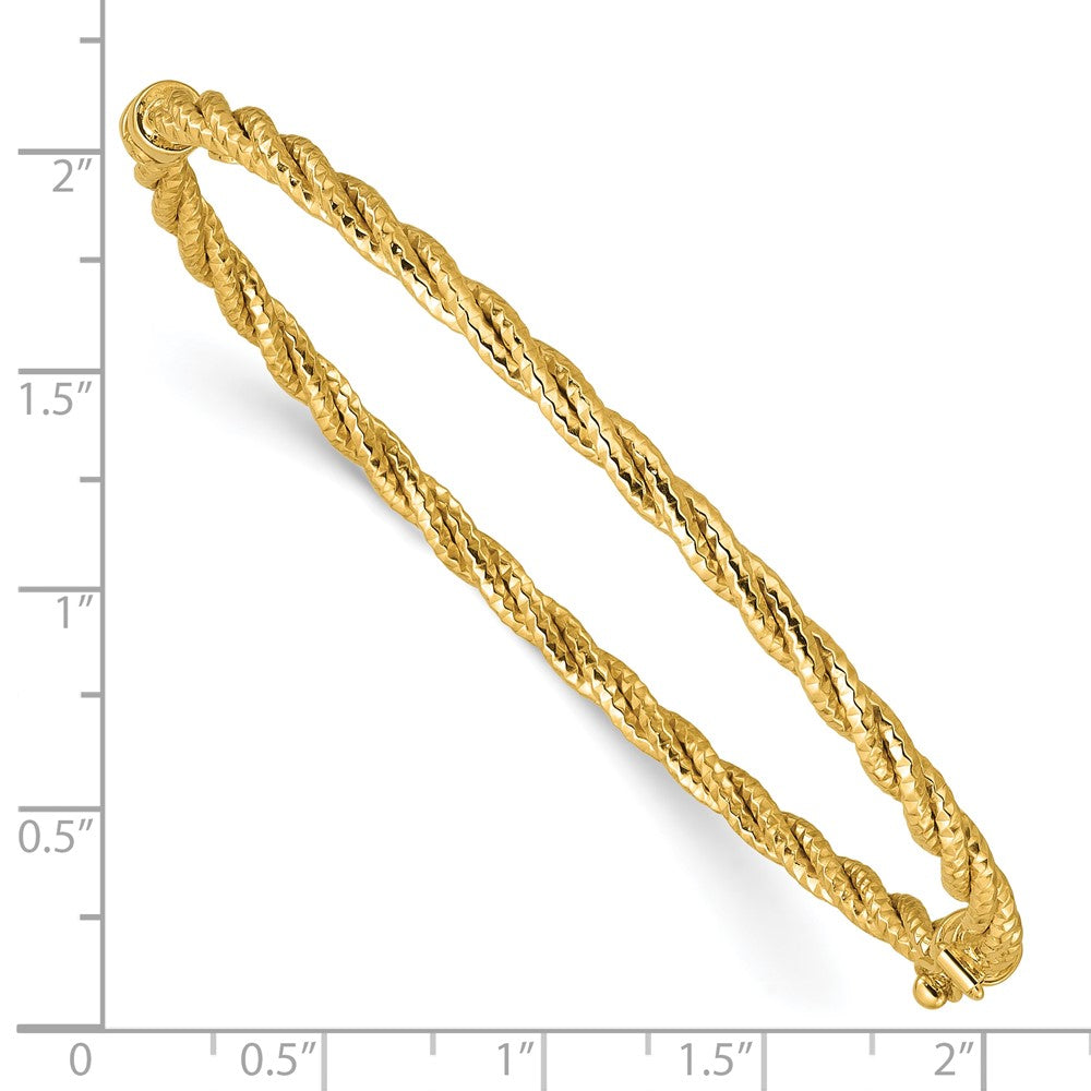 14K Yellow Gold Polished and Diamond-cut Twisted Hinged Bangle