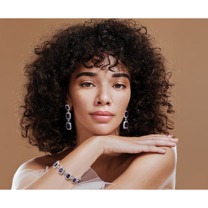 Cheryl M Sterling Silver Rhodium-plated Polished Fancy Purple and White CZ Halo Cluster with Safety Chain 7 Inch Bracelet