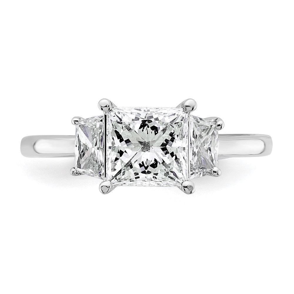 14K White Gold 1/2 carat Lab Grown Diamond VS+ F+ Trapezoid 1 1/2 carat Princess Center Semi Mount Three Stone Engagement Ring