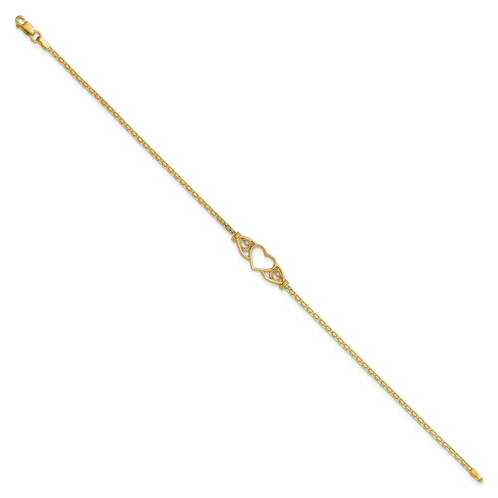 14K Yellow Gold Polished Open Heart with Filigree and Bismark Chain 9 Inch Anklet