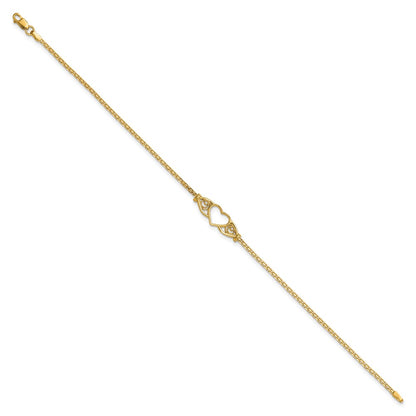 14K Yellow Gold Polished Open Heart with Filigree and Bismark Chain 9 Inch Anklet