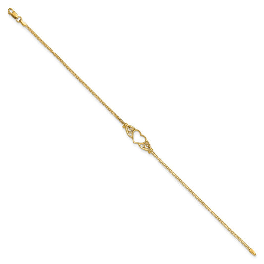 14K Yellow Gold Polished Open Heart with Filigree and Bismark Chain 9 Inch Anklet