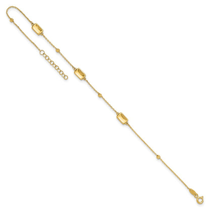 14K Yellow Gold Rectangle and Diamond-cut Bead 9 Inch Plus 1 Inch Extender - Total 10 Inch Anklet