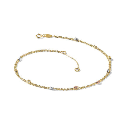 14K Tri-Color Gold Tri-color Diamond-cut Beads 2-Strand 9 Inch Plus 1 Inch Extender - Total 10 Inch Anklet