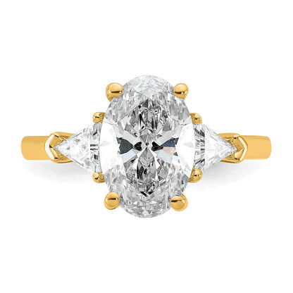 14K Yellow Gold 5/8 carat Lab Grown Diamond VS+ F+ Trillion and 2 1/2 carat Oval Center Semi Mount Three Stone Engagement Ring