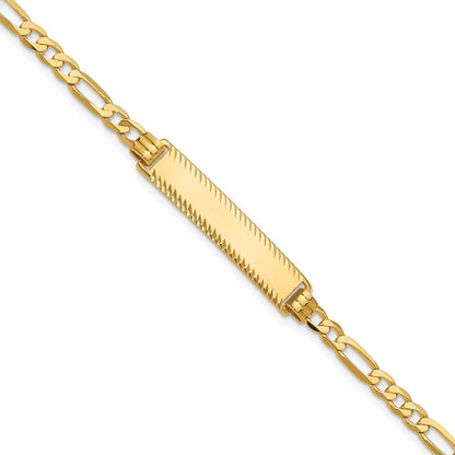 14K Yellow Gold Polished Solid Chain/Solid Plate Flat Figaro Link Diamond-cut 29x6.5mm Plate 7 Inch ID Bracelet